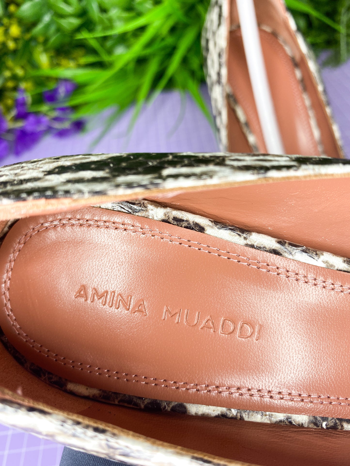 Brand New Amina Muaddi Ami Leather Pumps Safari Snake (Current Season) 37.5/4.5